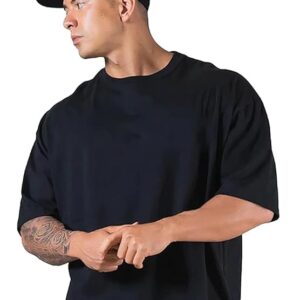 Veirdo Oversized Baggy Fit Drop Shoulder Half Sleeves Round Neck Solid Pure 100% Cotton T-Shirt for Men